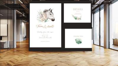 Vector set of invitation cards with watercolor flower savannah wild animals zebra and gold elements. Wedding bouquet collection Wall mural