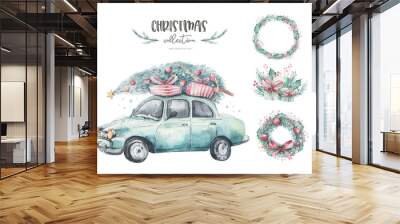 Watercolor christmas holiday card transportation illustration. Merry Xmas winter tree design with wreath. Hand painted New year retro vintage cars Wall mural