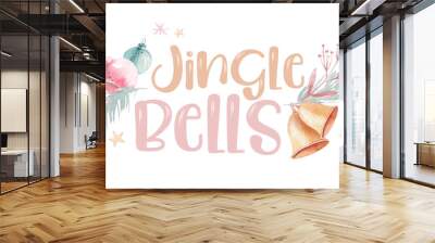 Watercolor christmas jingle bells illustration. Christmas bell and merry chistmas quote, template for the design of posters, cards, invitations. New year illustration card. Isolated Wall mural