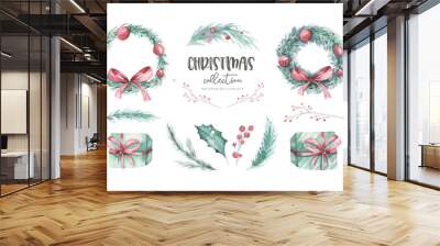 Watercolor Christmas set of wreath with christmas tree spruce branches, flower and berries on a white background isolated. Holiday decoration winter element Scandinavian design style Wall mural