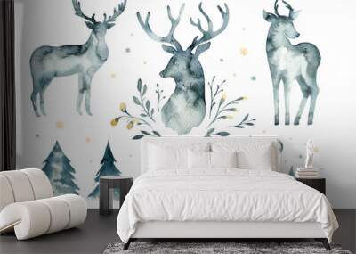 watercolor closeup portrait of blue deer. isolated on white background. hand drawn christmas indigo  Wall mural