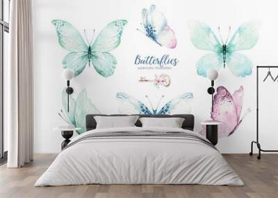 Watercolor colorful butterflies, isolated butterfly on white background. blue, yellow, pink and red butterfly spring illustration. Wall mural