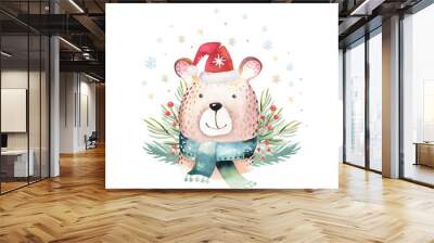 Watercolor cute baby bear cartoon animal portrait design. Winter holiday card on white background. New year decoration, merry christmas elements Wall mural