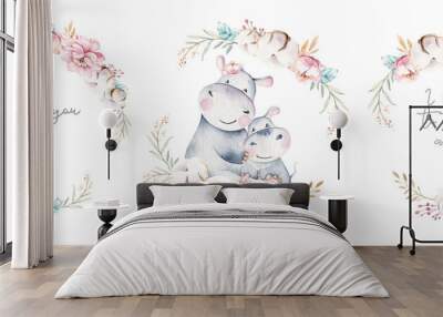 Watercolor cute cartoon illustration with cute mommy hippo and baby, flower leaves wreath. Mother and baby illustration design. Tropical mom and kid Wall mural