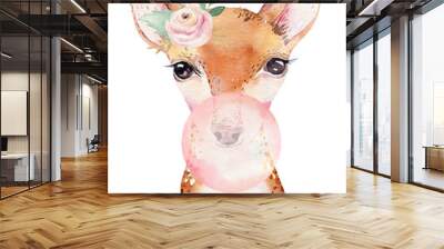 Watercolor forest cartoon isolated cute baby deer, animal with flowers. Nursery woodland illustration. Bohemian boho drawing for nursery poster, pattern Wall mural