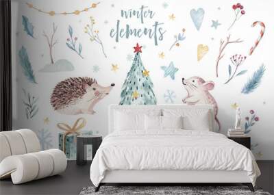 Watercolor gold Merry Christmas illustration with snowman, christmas tree , holiday cute animals fox, rabbit and hedgehog . Christmas celebration cards. Winter new year design. Wall mural