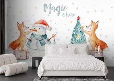 Watercolor gold Merry Christmas illustration with snowman, christmas tree , holiday cute animals fox, rabbit and hedgehog . Christmas celebration cards. Winter new year design. Wall mural