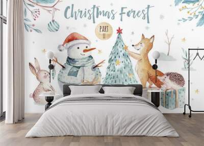 Watercolor gold Merry Christmas illustration with snowman, christmas tree , holiday cute animals fox, rabbit and hedgehog . Christmas celebration cards. Winter new year design. Wall mural