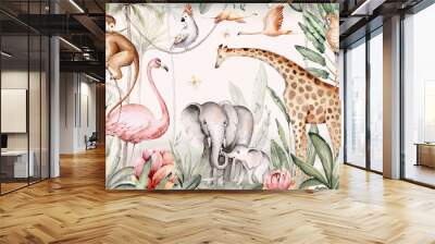 Watercolor illustration of African Animals: elephant and monkey, cockatoo, wild parrot and giraffe, flamingo isolated white background. Safari savannah animals. Wall mural