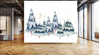 Watercolor Merry Christmas illustration with snowman, christmas tree , snowman, holiday cute animals bunny rabbit, rabbit and baby deer . Christmas celebration cards. Winter new year design. Wall mural