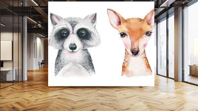 Watercolor set of forest cartoon isolated cute baby fox, deer, raccoon and owl animal with flowers. Nursery woodland illustration. Bohemian boho drawing for nursery poster, pattern Wall mural