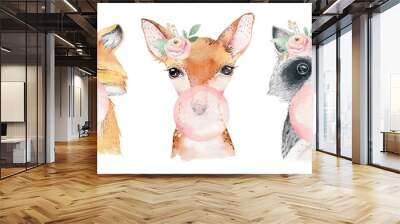 Watercolor set of forest cartoon isolated cute baby fox, deer, raccoon and owl animal with flowers. Nursery woodland illustration. Bohemian boho drawing for nursery poster, pattern Wall mural