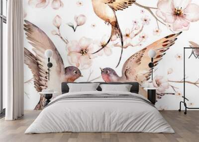 Watercolor spring flying swallows isolated and blossom flowers seamless pattern fabric background Wall mural