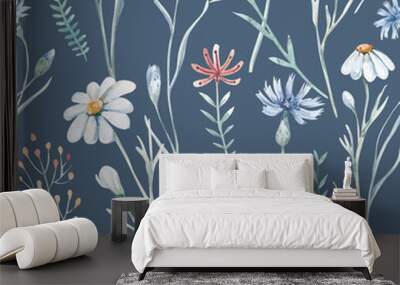 Watercolor wildflowers seamless pattern with poppy, cornflower chamomile, rye and wheat spikelets background Wall mural