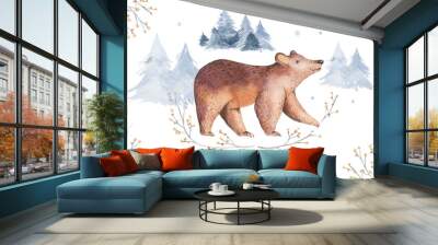 Watercolor winter forest with bear. Christmas tree landscape with Pine Trees fir in the Mountains. Hand painted Isolated on white Background. Snow holiday design Wall mural