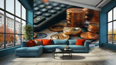 American coins and dollar bills and calculator. Concept for cryptocurrency business and global digital payment system,generative ai Wall mural