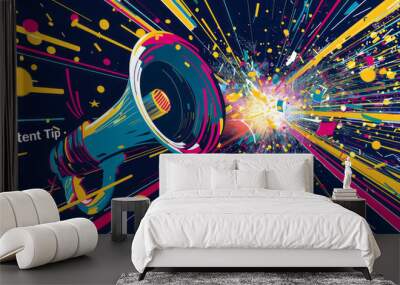 Captivating LinkedIn data visualization: Colorful vortex swirls depict engagement and reach, with a central figure holding 'Content Tips' megaphone.generative ai Wall mural