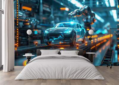 Creative Background, Automated Car Factory Concept, Robotic Arm Building Cars, Blue Glowing Bright Line,generative ai Wall mural