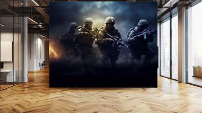 Group of military soldiers move into position in war. Wall mural