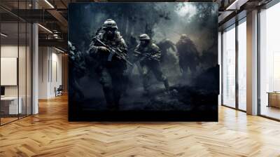 Group of military soldiers move into position in war. Wall mural