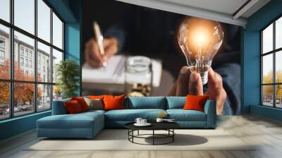 Hand of male holding a light bulb and copy space for accounting, ideas and creative concept. Wall mural