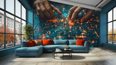 hands connecting jigsaw puzzle pieces with a blue digital network background.generative ai Wall mural