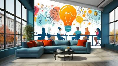 illustration colorful creative agency business brain storm meeting people with icon line presentation, generative ai Wall mural