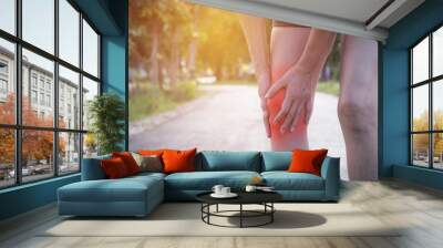 The female clings to a bad leg. The pain in her leg after exercise. The pain is highlighted in red. Wall mural