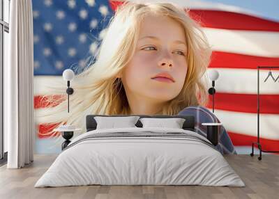 Young girl with U.S. flag, patriotic. generative ai Wall mural