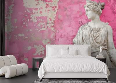 Classic sculpture stands against a weathered pink wall, showcasing the contrast of art and urban decay in an outdoor setting Wall mural