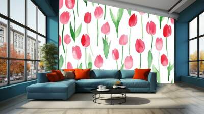 Colorful tulips in a vibrant floral pattern against a white background during springtime Wall mural