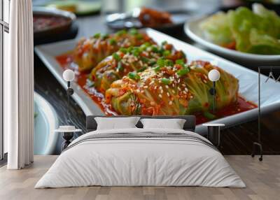 Deliciously plated cabbage rolls served in spicy sauce with sesame seeds and green onions at a cozy dining table Wall mural