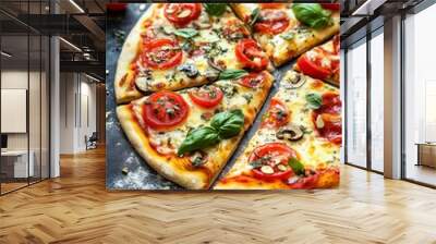 Freshly baked pizza with tomatoes, mushrooms, and basil arranged on a dark surface, garnished with herbs and scattered ingredients Wall mural