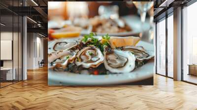 Freshly shucked oysters served on a platter at a coastal restaurant during a sunny afternoon lunch gathering Wall mural