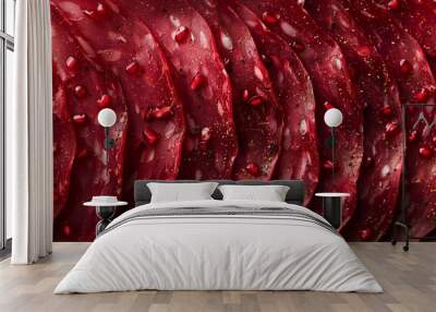 Sliced beef with pomegranate seeds and spices arranged neatly on a wooden surface in warm, natural light Wall mural