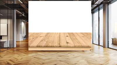 Empty brown old plank wooden board mock up display shelf with isolated white copy space and clipping path. Beautiful textured and pattern of tabletop panel build from reused wood pallet background. Wall mural