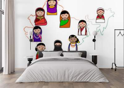 Big crowd of Indian women vector avatars in shape of Indian Map illustration - Indian woman representing different states/religions of India. Wall mural