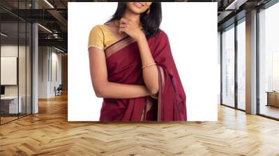 Pretty Indian young girl dress up saree on white. Wall mural