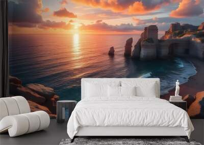 Stunning Coastal Sunset with Rock Formations and Waves Wall mural