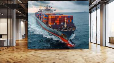 Big container cargo ship overcomes the big waves and sails to the port Wall mural