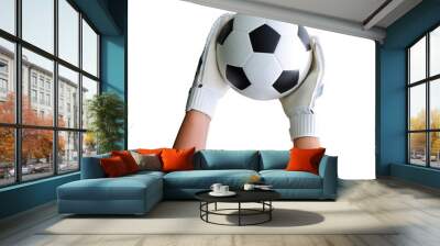 goalkeeper's hands catching soccer ball on white background path Wall mural