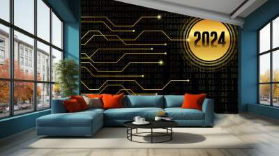 2024 golden number on dark binary code background vector illustration EPS10 Wall mural