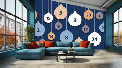 advent calendar 24 christmas tree balls on blue background Wall mural