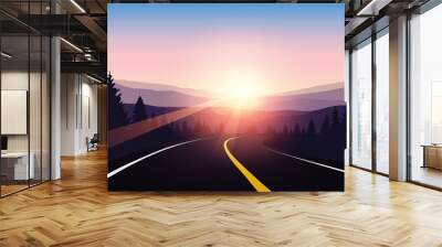 asphalt highway in a forest at sunrise purple travel landscape vector illustration EPS10 Wall mural