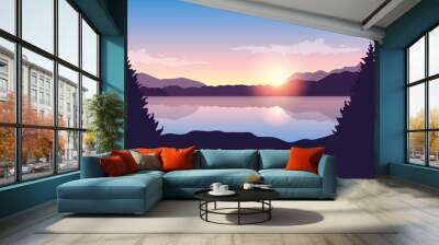 beautiful lake at sunrise purple nature landscape vector illustration EPS10 Wall mural