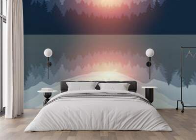 beautiful sunrise by peaceful lake on mountain nature landscape vector illustration EPS10 Wall mural