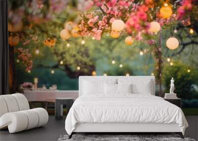 blurry garden wedding background decorated with fairy lights in summer Wall mural