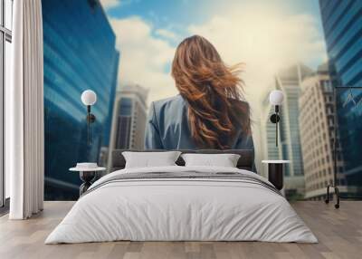 business woman in elegant suit on city background Wall mural