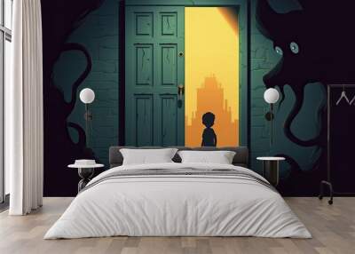 child little boy stand in front of door with monster illustration Wall mural