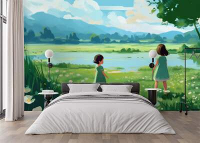 children play on green summer meadow illustration Generative AI Wall mural